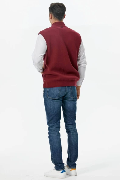 Erkek Dik Yaka Fermuarlı Cepli Triko Yelek - Bordo - Lacivert - 4