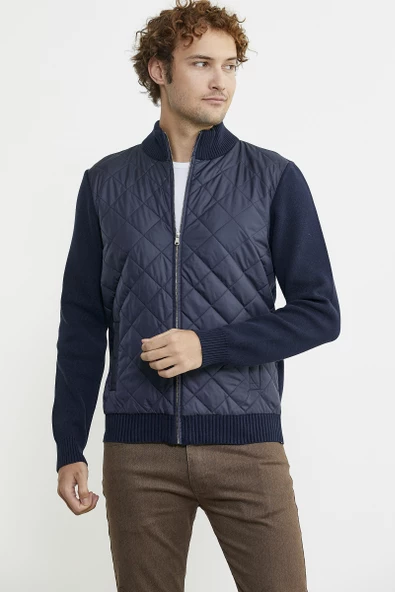 Kapitone Fermuarlı Erkek Triko Ceket - Lacivert - 2
