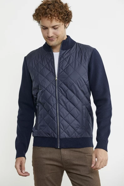 Kapitone Fermuarlı Erkek Triko Ceket - Lacivert - 4