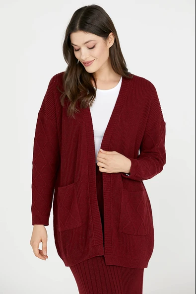 Cepli Uzun Triko Hırka - Bordo - Resim 3