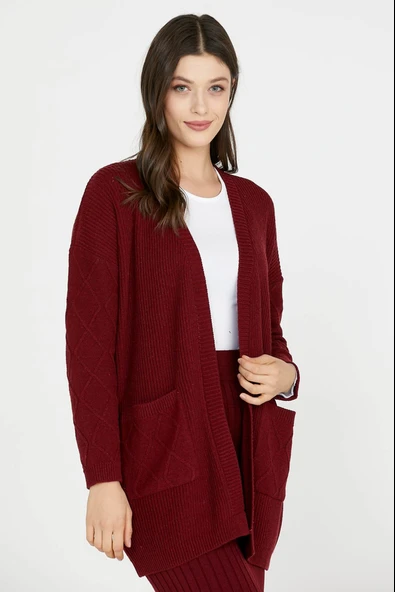 Cepli Uzun Triko Hırka - Bordo - Resim 2