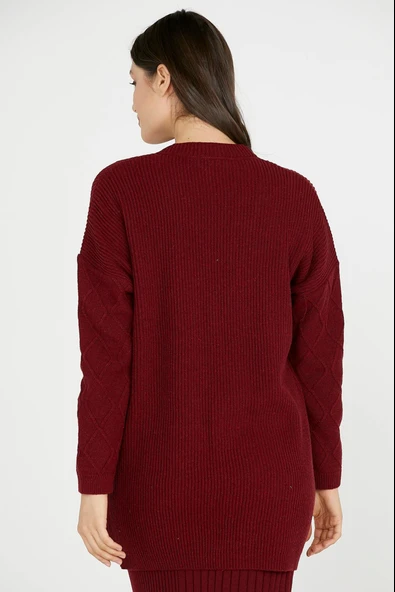 Cepli Uzun Triko Hırka - Bordo - Resim 4