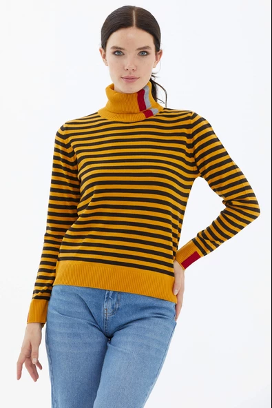 Tam Balıkçı Yaka Çizgili Triko Kazak - Güneş ürün görseli 1