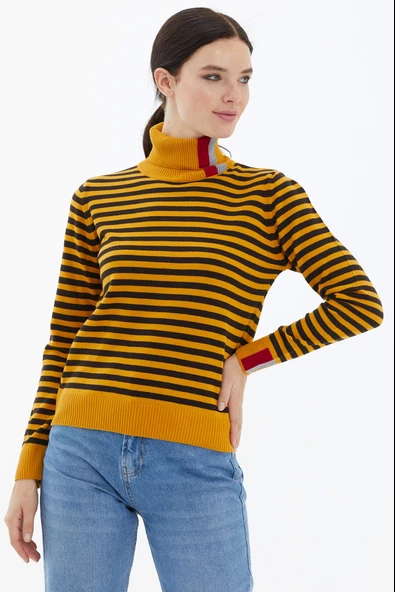 Tam Balıkçı Yaka Çizgili Triko Kazak - Güneş - Resim 2