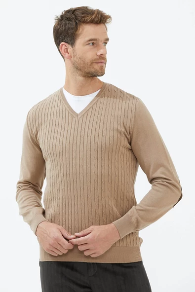 Süet Garnili Saç Örgülü Triko Kazak - Kamel - Resim 2