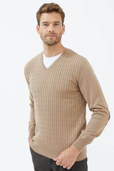 Süet Garnili Saç Örgülü Triko Kazak - Kamel - Resim 3