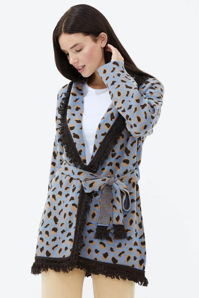 Şal Yaka Püsküllü Kemerli Leopar Desenli Triko Hırka - Mavi - 4