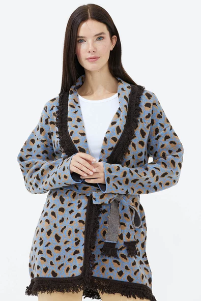 Şal Yaka Püsküllü Kemerli Leopar Desenli Triko Hırka - Mavi - 2