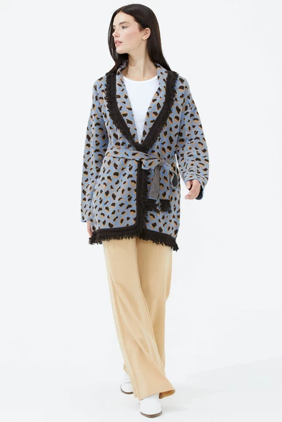 Şal Yaka Püsküllü Kemerli Leopar Desenli Triko Hırka - Mavi - 3