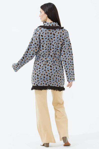 Şal Yaka Püsküllü Kemerli Leopar Desenli Triko Hırka - Mavi - 5