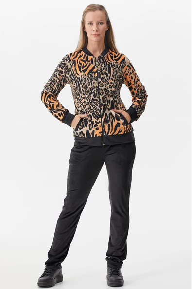 Leopar Desenli Kadife Eşofman Takım - Oranj