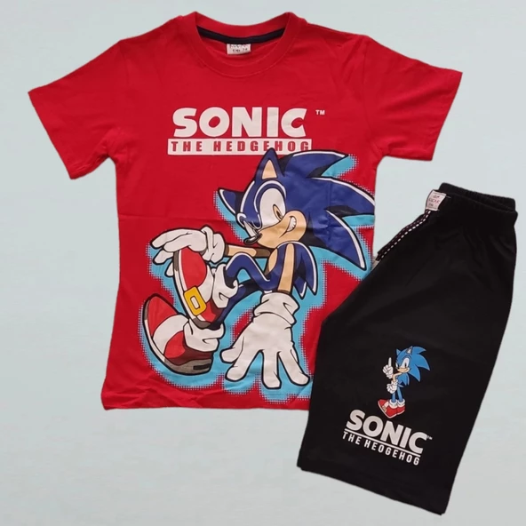 Sonic Desenli Kırmızı Renk Şortlu Takım - 5
