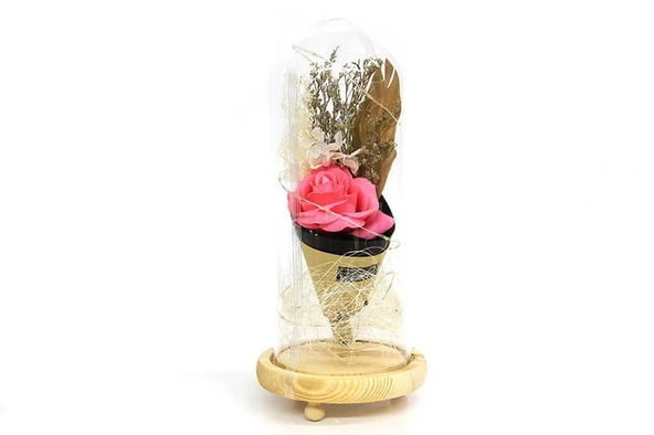 Fanus Gül 28/12cm Cam Fanus Led Işıklı Hediyelik - 2