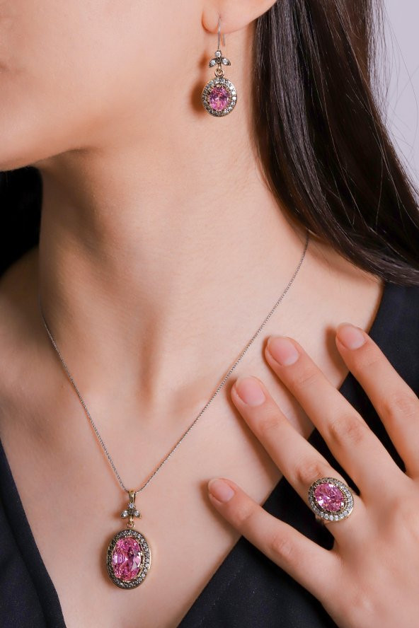 Gümüş Pembe Kuars Taşlı Üçlü Otantik Bayan Set Takı ürün görseli