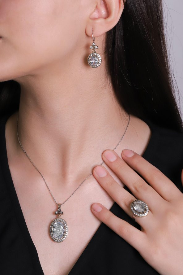 Gümüş Beyaz Kuars Taşlı Üçlü Otantik Bayan Set Takı ürün görseli