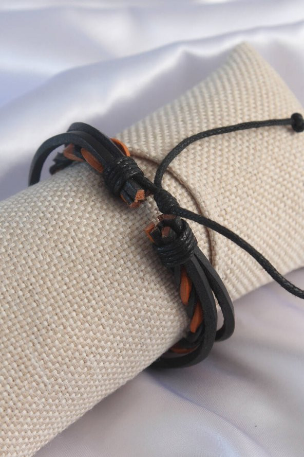 Siyah Kahverengi Örgü Model Deri Erkek Bileklik - 2