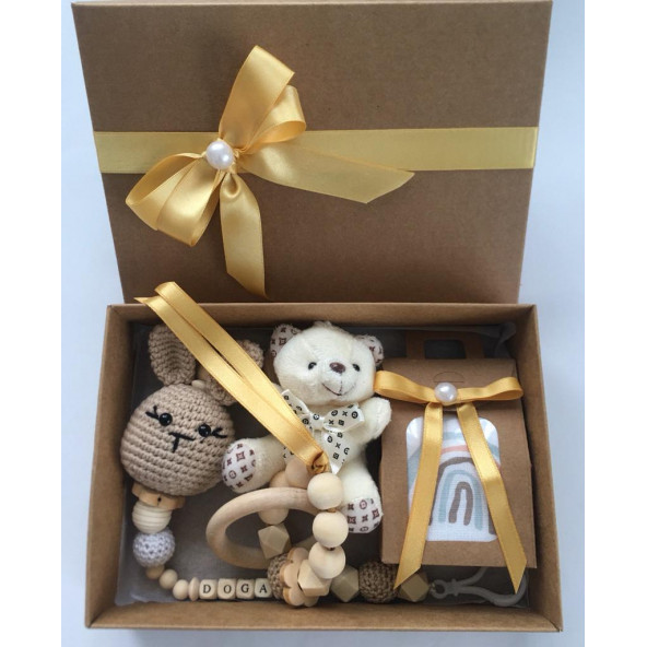 Hoşgeldin Bebek, Unisex, Yenidoğan Bebek Amigurumi İsimli Emzik Askısı Hediye Seti 211460