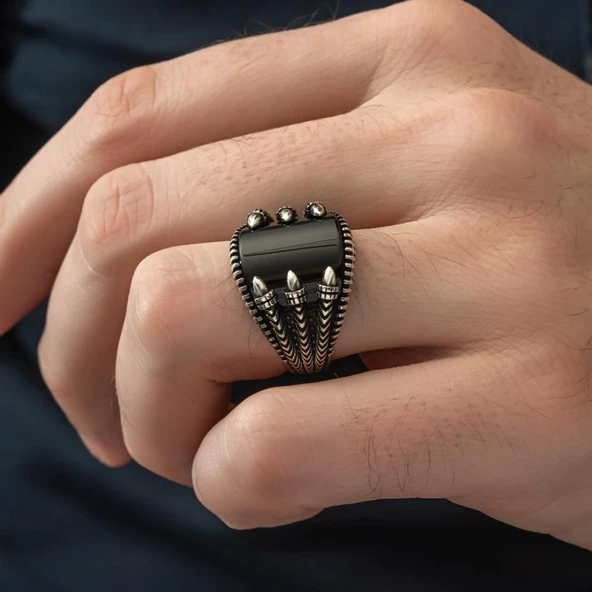 Pençeli Model Oniks Taşlı 925 Gümüş Erkek Yüzük - 6