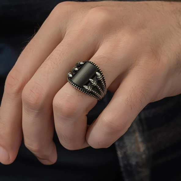 Pençeli Model Oniks Taşlı 925 Gümüş Erkek Yüzük - 8