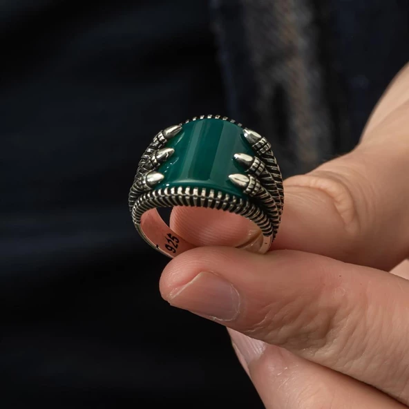 Pençeli Model Yeşil Akik Taşlı 925 Gümüş Erkek Yüzük - 7