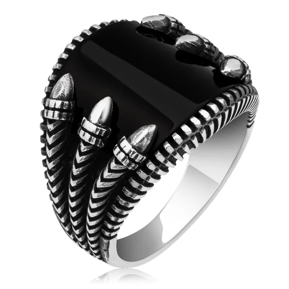 Pençeli Model Oniks Taşlı 925 Gümüş Erkek Yüzük - 11