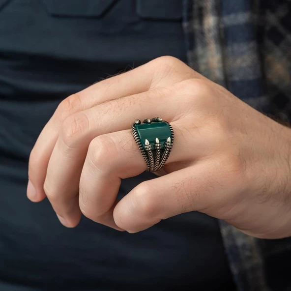 Pençeli Model Yeşil Akik Taşlı 925 Gümüş Erkek Yüzük - 3