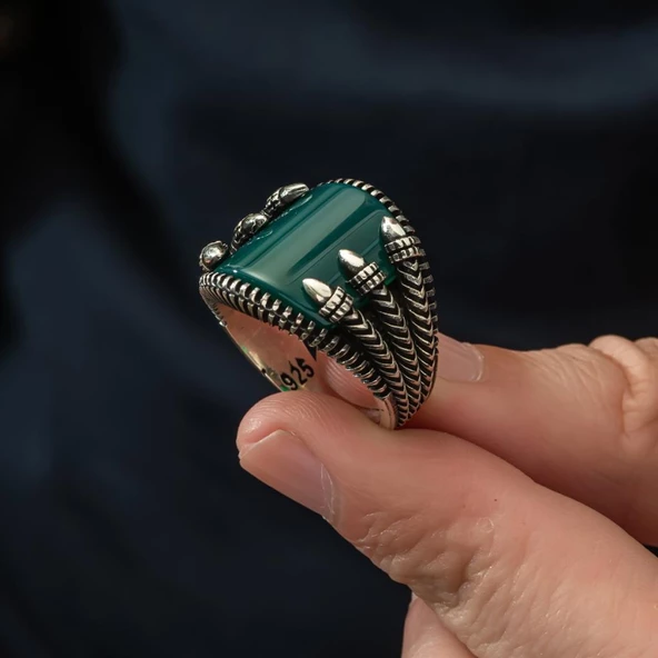 Pençeli Model Yeşil Akik Taşlı 925 Gümüş Erkek Yüzük - 8