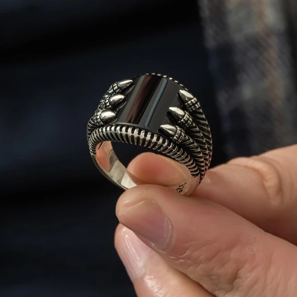Pençeli Model Oniks Taşlı 925 Gümüş Erkek Yüzük - 3