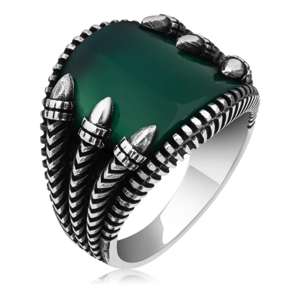 Pençeli Model Yeşil Akik Taşlı 925 Gümüş Erkek Yüzük - 2