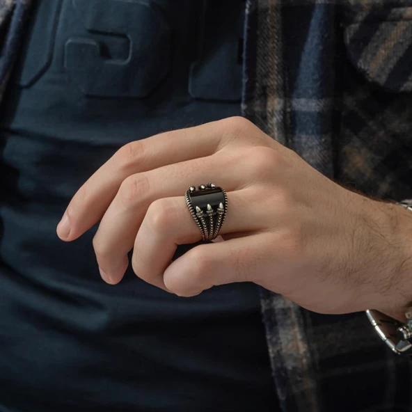Pençeli Model Oniks Taşlı 925 Gümüş Erkek Yüzük - 5