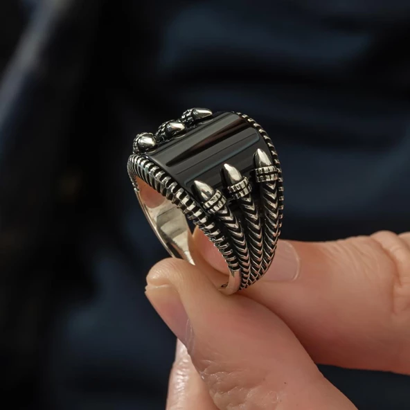 Pençeli Model Oniks Taşlı 925 Gümüş Erkek Yüzük - 4