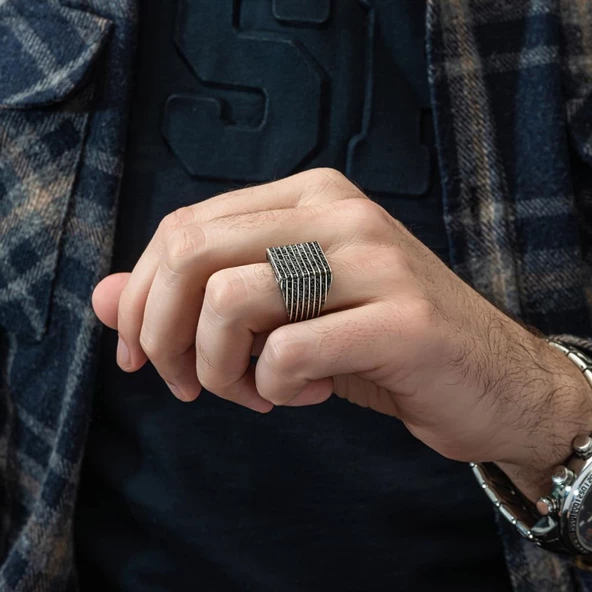 Çizgi Desenli Taşsız 925 Gümüş Erkek Yüzük - 8