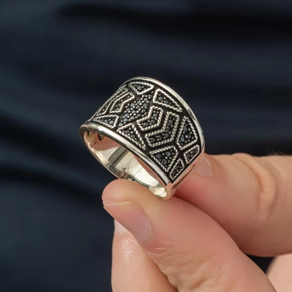 Siyah Mikro Taşlı 925 Gümüş Erkek Yüzük - 7