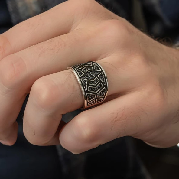 Siyah Mikro Taşlı 925 Gümüş Erkek Yüzük - 12