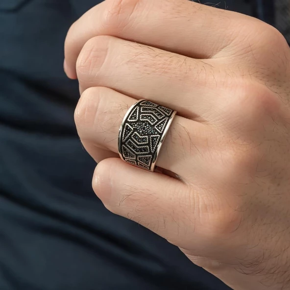 Siyah Mikro Taşlı 925 Gümüş Erkek Yüzük - 5