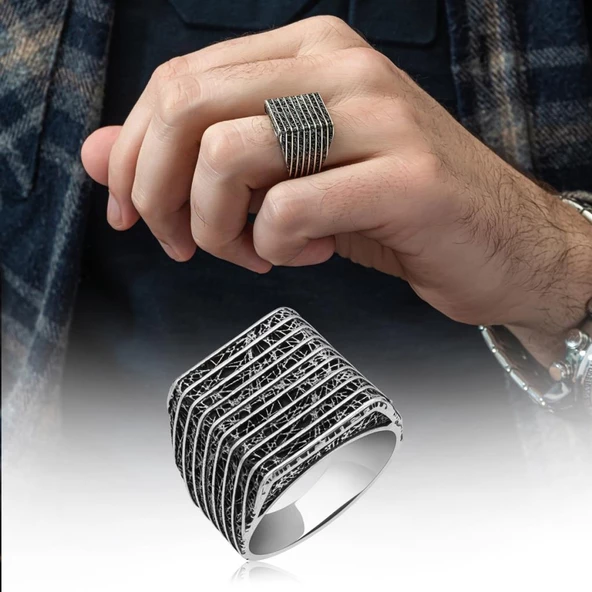 Çizgi Desenli Taşsız 925 Gümüş Erkek Yüzük - 9