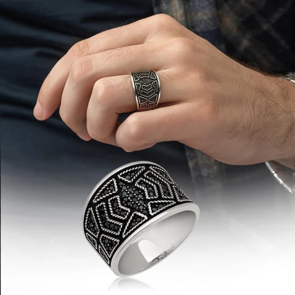 Siyah Mikro Taşlı 925 Gümüş Erkek Yüzük - 9