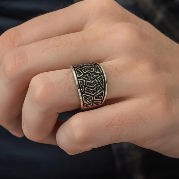 Siyah Mikro Taşlı 925 Gümüş Erkek Yüzük - 10