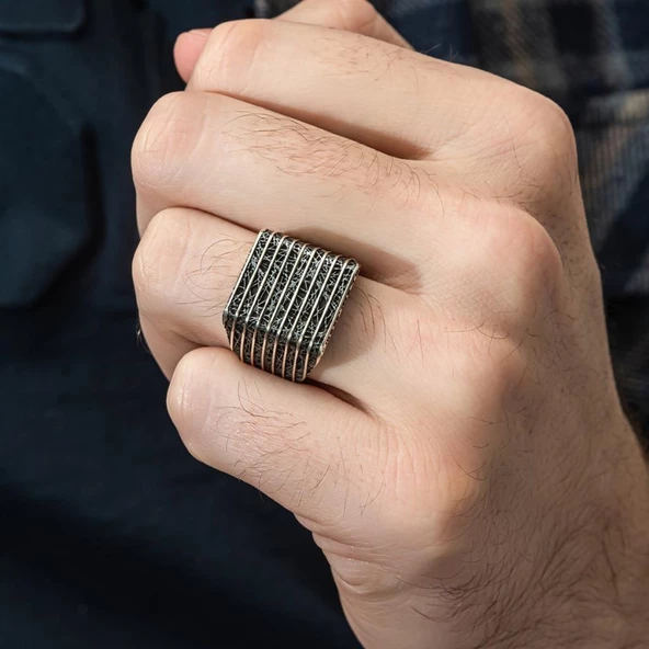 Çizgi Desenli Taşsız 925 Gümüş Erkek Yüzük - 11