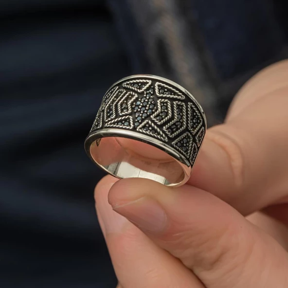 Siyah Mikro Taşlı 925 Gümüş Erkek Yüzük - 8