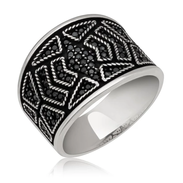 Siyah Mikro Taşlı 925 Gümüş Erkek Yüzük - 3