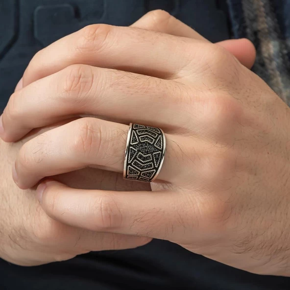 Siyah Mikro Taşlı 925 Gümüş Erkek Yüzük - 6