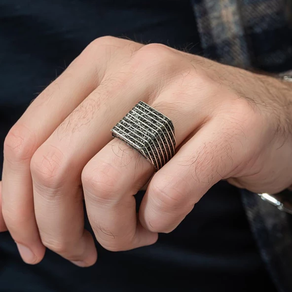 Çizgi Desenli Taşsız 925 Gümüş Erkek Yüzük - 7