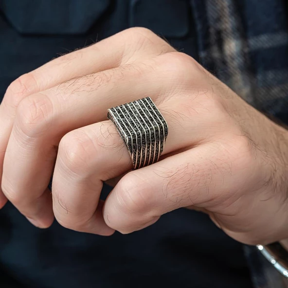 Çizgi Desenli Taşsız 925 Gümüş Erkek Yüzük - 5