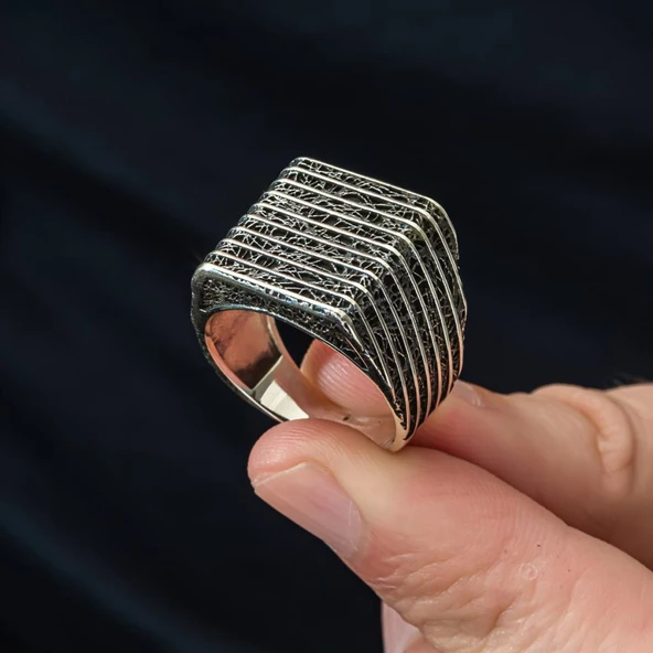 Çizgi Desenli Taşsız 925 Gümüş Erkek Yüzük - 6