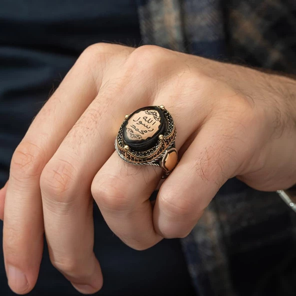 Peygamber Mührü Sıkma Kehribar Taşlı 925 Gümüş Erkek Yüzük - 5