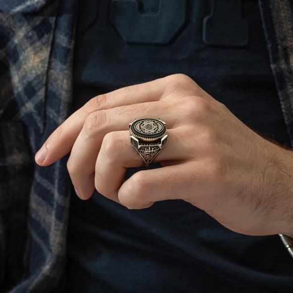 Mührü Süleyman İşleme Oniks Taşlı 925 Gümüş Erkek Yüzük - 10