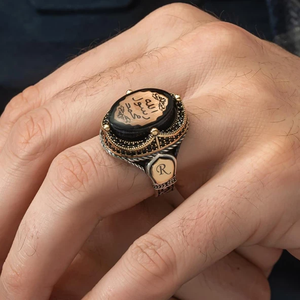 Peygamber Mührü Sıkma Kehribar Taşlı 925 Gümüş Erkek Yüzük - 8