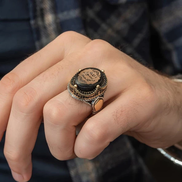 Peygamber Mührü Sıkma Kehribar Taşlı 925 Gümüş Erkek Yüzük - 4