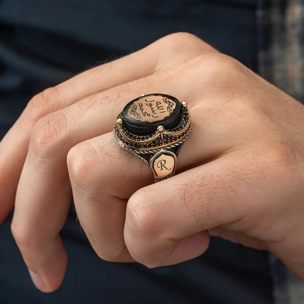 Peygamber Mührü Sıkma Kehribar Taşlı 925 Gümüş Erkek Yüzük - 7